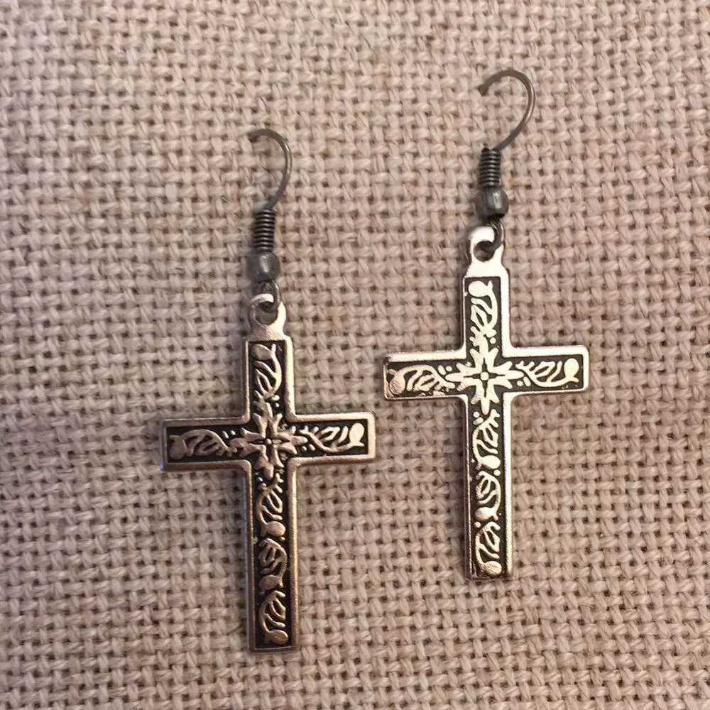 Cross Earrings Oxidized Floral Design Silvertone